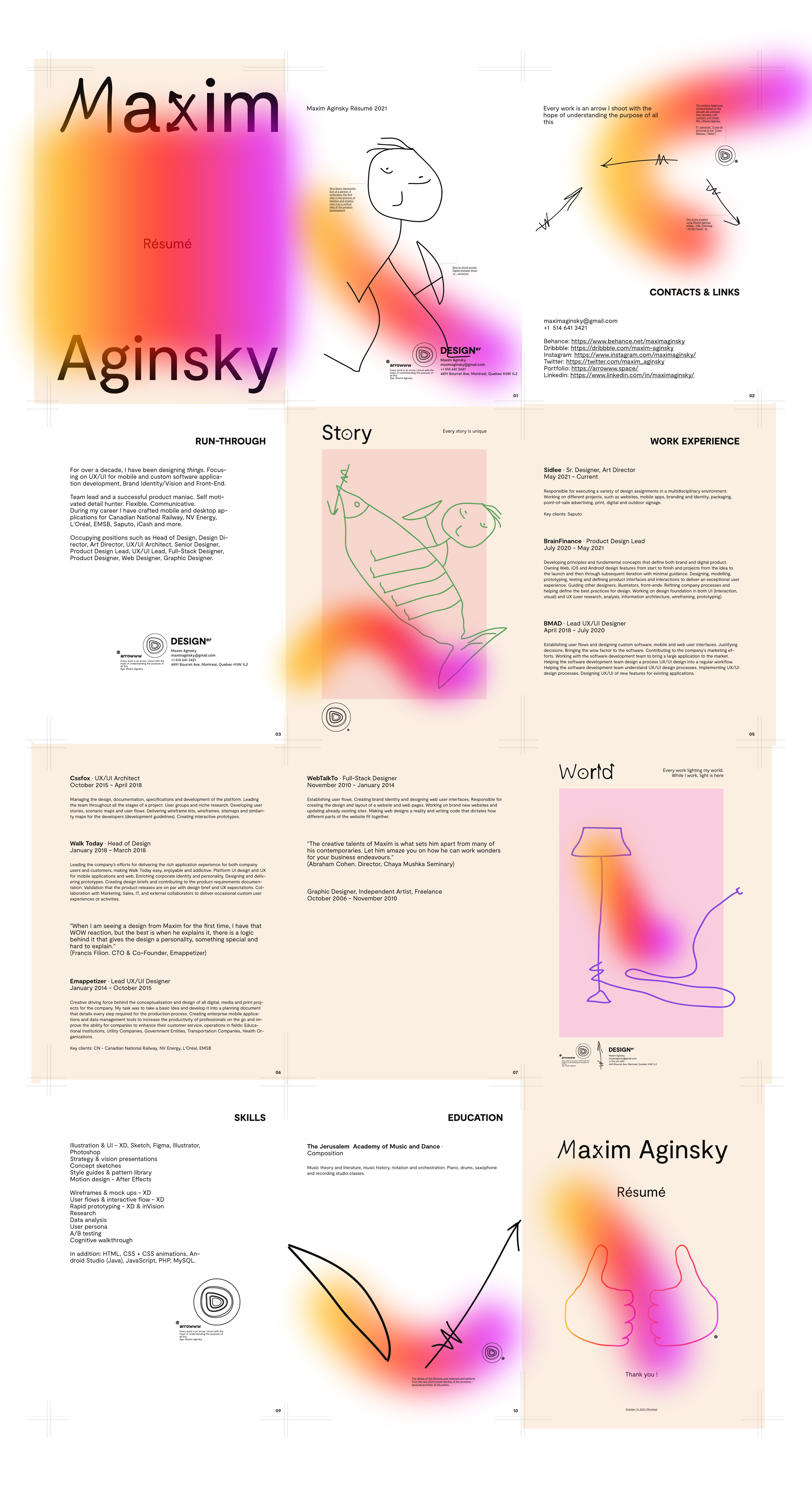 Maxim Aginsky Résumé of designer in PDF format designed using personal identity and arrowww vision v17 design principles